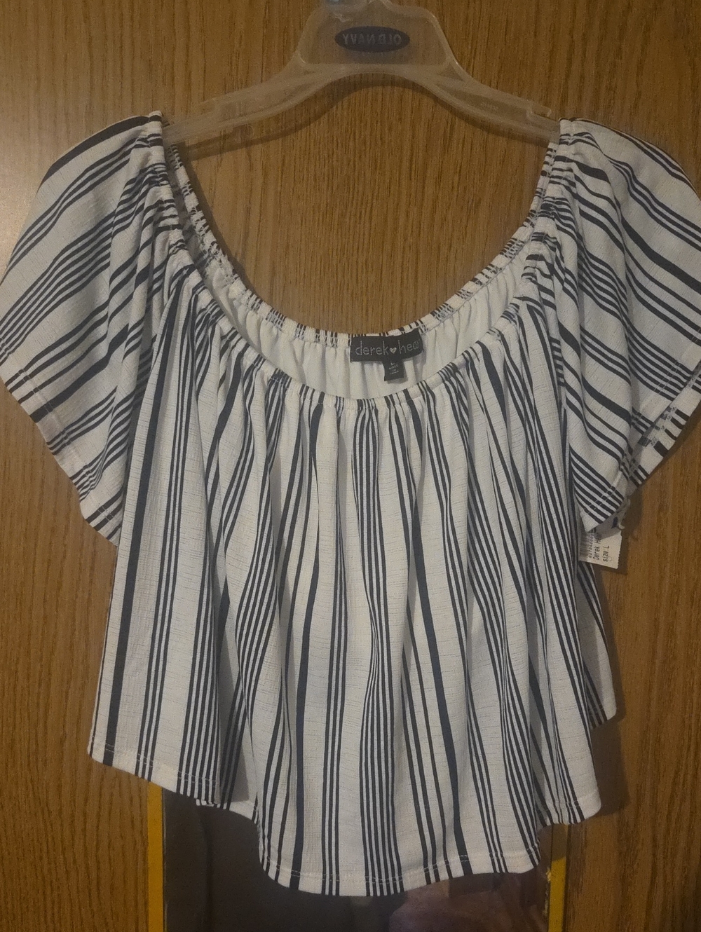 Derek Heart White and Navy Striped Off-Shoulder Crop Top